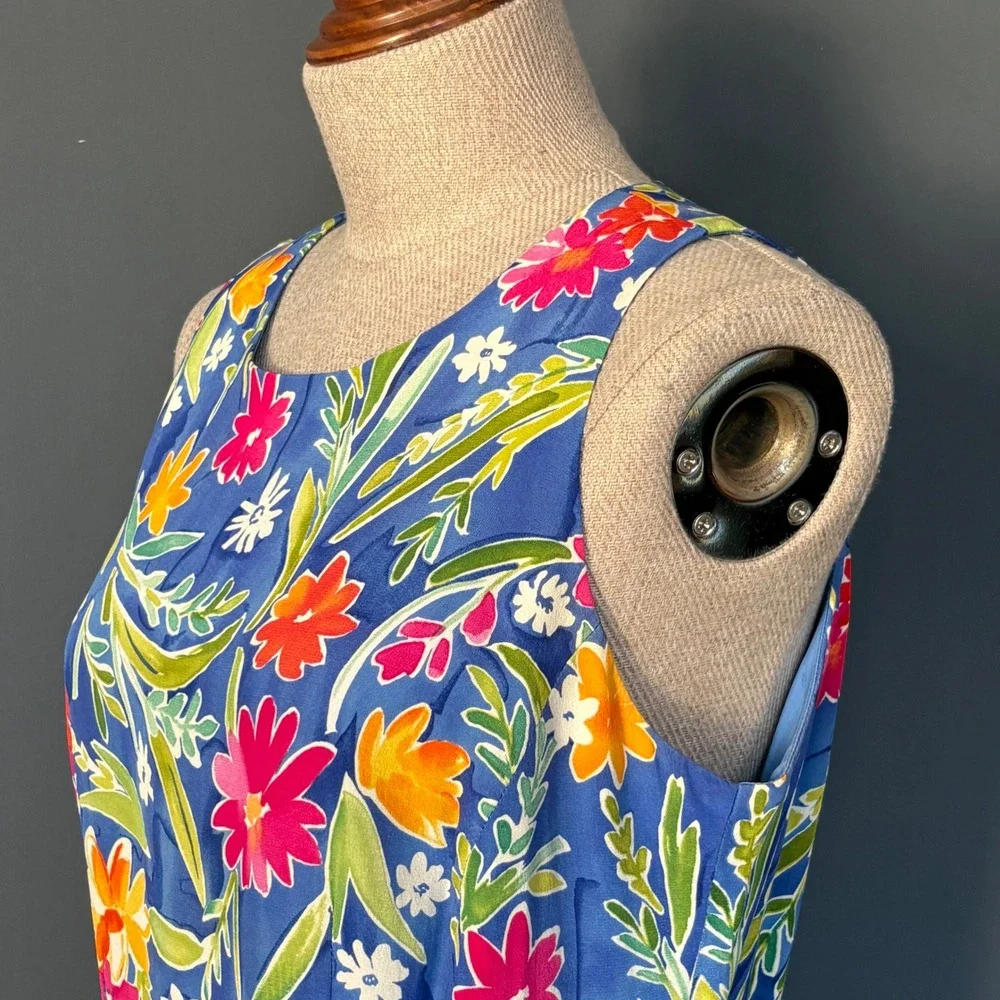 Maggy London Silk Floral Sheath Dress | Sz 6 | Blue Tropical Keyhole Back - Picture 4 of 8